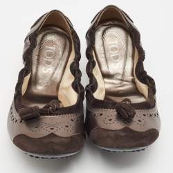 Tod's Metallic Brown Nubuck and Leather Bow Scrunch Ballet Flats Size 37