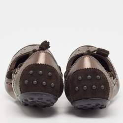 Tod's Metallic Brown Nubuck and Leather Bow Scrunch Ballet Flats Size 37