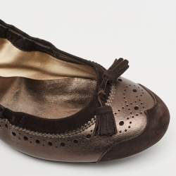 Tod's Metallic Brown Nubuck and Leather Bow Scrunch Ballet Flats Size 37