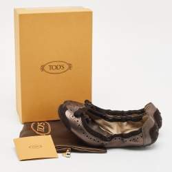 Tod's Metallic Brown Nubuck and Leather Bow Scrunch Ballet Flats Size 37
