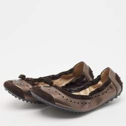 Tod's Metallic Brown Nubuck and Leather Bow Scrunch Ballet Flats Size 37