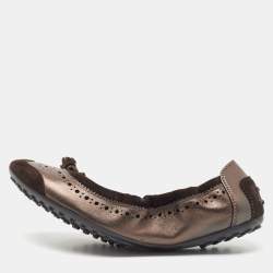 Tod's Metallic Brown Nubuck and Leather Bow Scrunch Ballet Flats Size 37