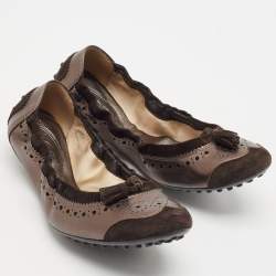Tod's Metallic Brown Nubuck and Leather Bow Scrunch Ballet Flats Size 37