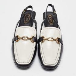 Tod's White/Black Leather Slingback Loafers Size 38