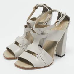 Tod's Grey Leather Cutout Block Heel Ankle Strap Sandals Size 39