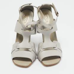 Tod's Grey Leather Cutout Block Heel Ankle Strap Sandals Size 39
