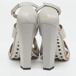 Tod's Grey Leather Cutout Block Heel Ankle Strap Sandals Size 39