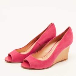 Tod's Bright Pink Suede Open Toe Wedge Pumps Size 38