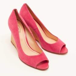 Tod's Bright Pink Suede Open Toe Wedge Pumps Size 38