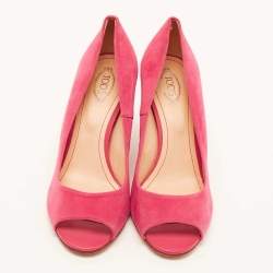 Tod's Bright Pink Suede Open Toe Wedge Pumps Size 38