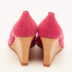 Tod's Bright Pink Suede Open Toe Wedge Pumps Size 38