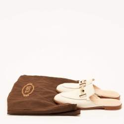 Pre Owned Tod's Off White Leather Double T Flat Mules Size 36.5