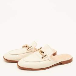 Pre Owned Tod's Off White Leather Double T Flat Mules Size 36.5
