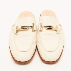Pre Owned Tod's Off White Leather Double T Flat Mules Size 36.5