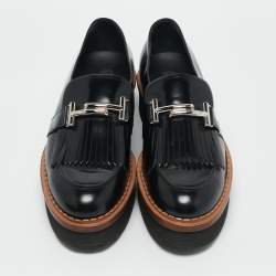 Pre Owned Tod's Black Leather Fringe Detail Platform Loafers Size 39.5