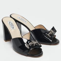 Tod's Black Patent Leather Double T Embellished Slide Sandals Size 40