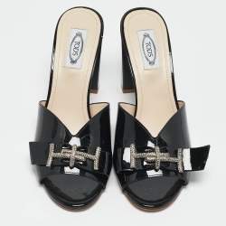 Tod's Black Patent Leather Double T Embellished Slide Sandals Size 40
