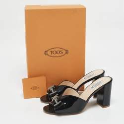 Tod's Black Patent Leather Double T Embellished Slide Sandals Size 40