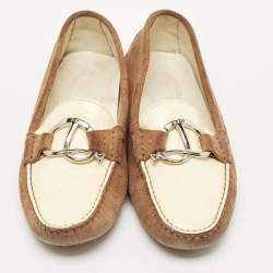 Tod's Brown/Cream Suede and Patent Leather Slip On Loafers Size 40