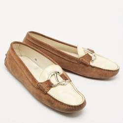 Tod's Brown/Cream Suede and Patent Leather Slip On Loafers Size 40