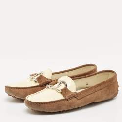 Tod's Brown/Cream Suede and Patent Leather Slip On Loafers Size 40