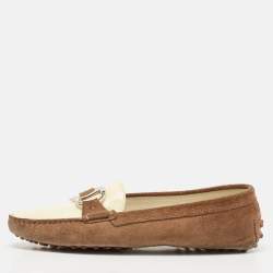 Tod's Brown/Cream Suede and Patent Leather Slip On Loafers Size 40