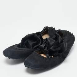 Tod's Black Suede Scrunch Ribbon Ballet Flats Size 38.5