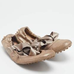 Tod's Metallic Bronze Nubuck Leather Scrunch Ribbon Ballet Flats Size 39