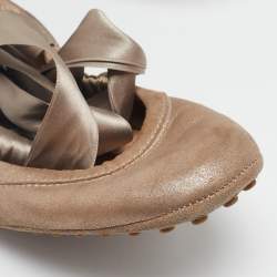 Tod's Metallic Bronze Nubuck Leather Scrunch Ribbon Ballet Flats Size 39