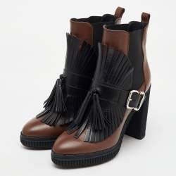 Tod's Brown/Black Leather Tassel Ankle Length Boots Size 37