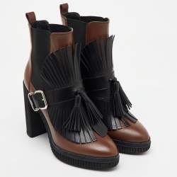 Tod's Brown/Black Leather Tassel Ankle Length Boots Size 37