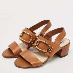 Pre Owned Tod's Brown Leather Slingback Block Heel Sandals Size 37