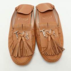 Tod's Brown Leather Tassel Logo Embellished Loafers Size 37.5