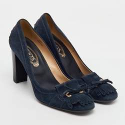 Tod's Navy Blue Suede Tassel Bow Round Toe Pumps Size 39.5