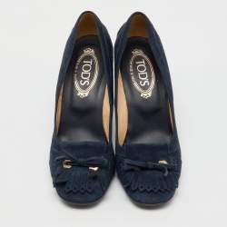 Tod's Navy Blue Suede Tassel Bow Round Toe Pumps Size 39.5