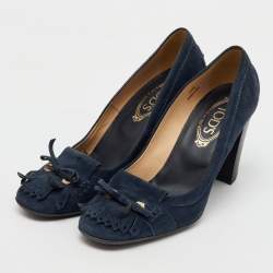 Tod's Navy Blue Suede Tassel Bow Round Toe Pumps Size 39.5