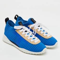 Pre Owned Tod's Blue/Beige Knit Fabric and Suede Sportiva Low Top Sneakers Size 37