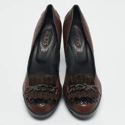 Tod's Brown Leather and Suede Fringe Platform Pumps Size 38.5