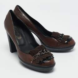 Tod's Brown Leather and Suede Fringe Platform Pumps Size 38.5