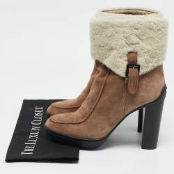 Tod's Brown/Cream Shearling and Suede Ankle Length Boots Size 39