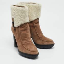 Tod's Brown/Cream Shearling and Suede Ankle Length Boots Size 39