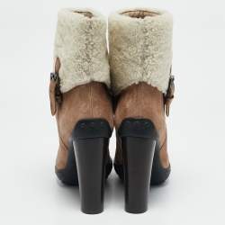 Tod's Brown/Cream Shearling and Suede Ankle Length Boots Size 39