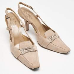 Tod's Beige Suede Crystal Embellished Pointed Toe Slingback Pumps Size 38