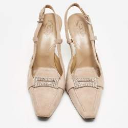 Tod's Beige Suede Crystal Embellished Pointed Toe Slingback Pumps Size 38