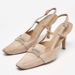 Tod's Beige Suede Crystal Embellished Pointed Toe Slingback Pumps Size 38