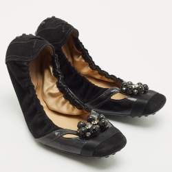 Tod's Black  Suede Scrunch Crystal Embellished Bow Ballet Flats Size 37.5