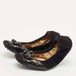 Tod's Black  Suede Scrunch Crystal Embellished Bow Ballet Flats Size 37.5