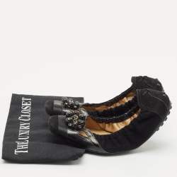 Tod's Black  Suede Scrunch Crystal Embellished Bow Ballet Flats Size 37.5