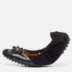 Tod's Black  Suede Scrunch Crystal Embellished Bow Ballet Flats Size 37.5