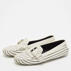 Tod's White/Black Stripe Print Leather Studded Buckle Slip On Loafers Size 39.5